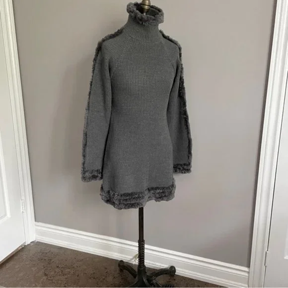 Frett Gray Wool Blend Fur Trimmed Turtleneck Tunic Sweater Mini Dress - S 🇨🇦 - Picture 12 of 13